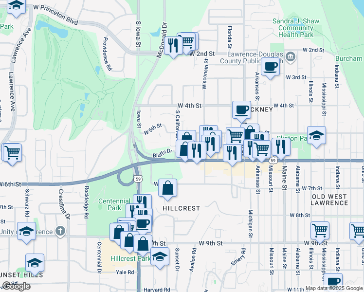 map of restaurants, bars, coffee shops, grocery stores, and more near 501 Colorado Street in Lawrence