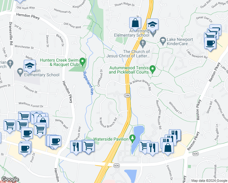 map of restaurants, bars, coffee shops, grocery stores, and more near 12142 Purple Sage Court in Reston