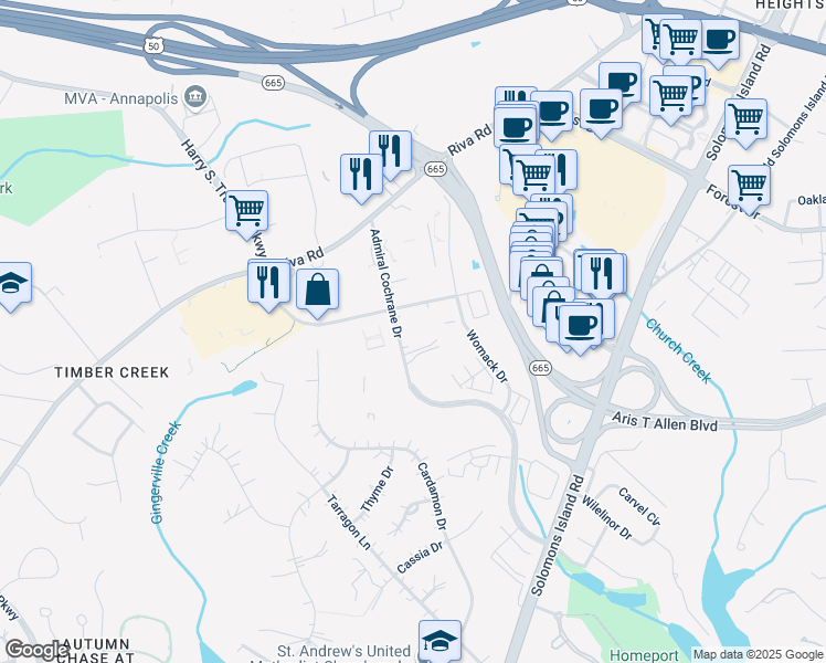 map of restaurants, bars, coffee shops, grocery stores, and more near 175 Admiral Cochrane Drive in Annapolis