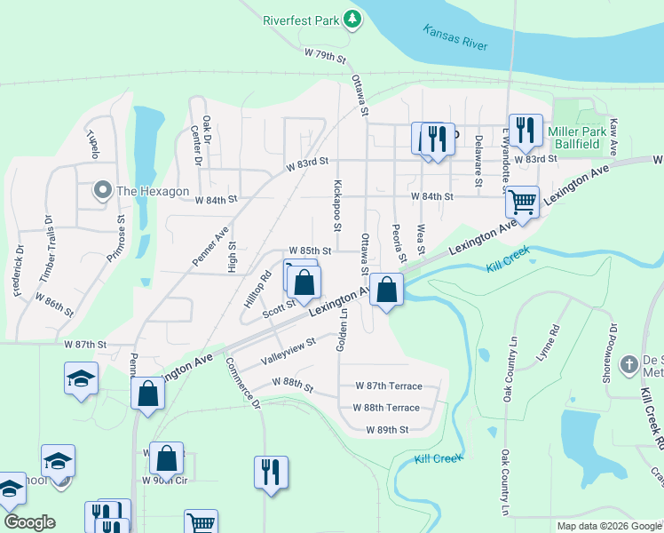 map of restaurants, bars, coffee shops, grocery stores, and more near 33525 West 85th Street in De Soto