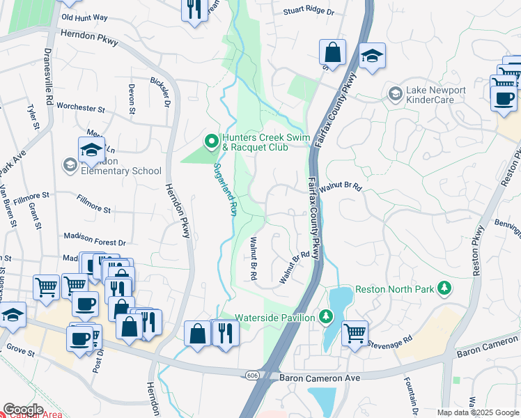 map of restaurants, bars, coffee shops, grocery stores, and more near 12028 Walnut Branch Road in Reston