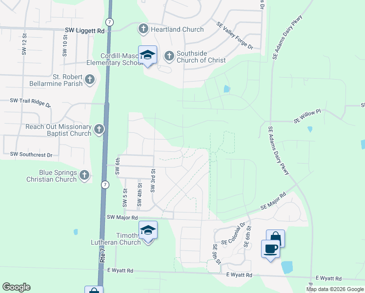 map of restaurants, bars, coffee shops, grocery stores, and more near 7905 Missouri 7 in Blue Springs
