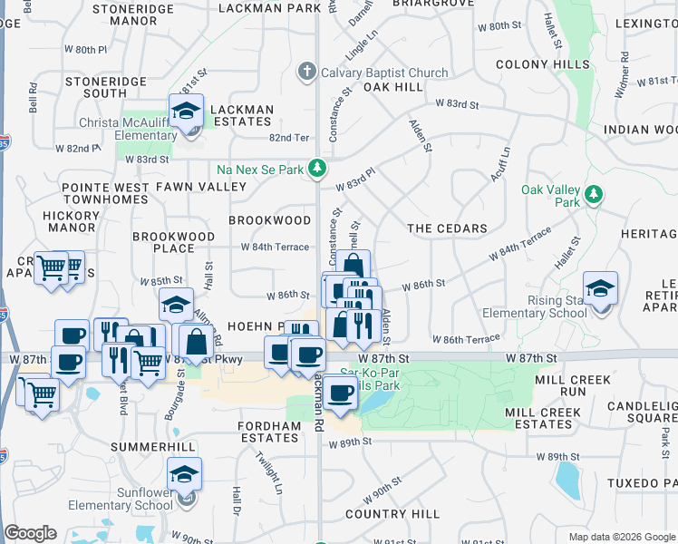 map of restaurants, bars, coffee shops, grocery stores, and more near 8524 Darnell Street in Lenexa