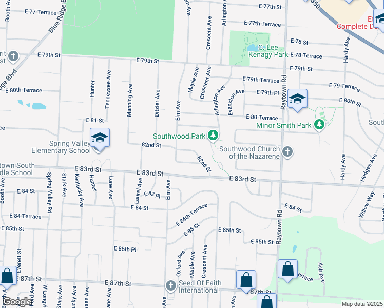 map of restaurants, bars, coffee shops, grocery stores, and more near 9304 82nd Street in Raytown
