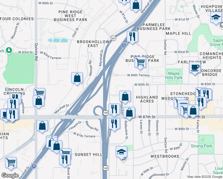 map of restaurants, bars, coffee shops, grocery stores, and more near 10950 West 86th Street in Lenexa