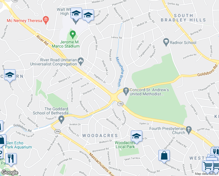 map of restaurants, bars, coffee shops, grocery stores, and more near 8 Highboro Court in Bethesda