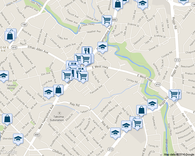 map of restaurants, bars, coffee shops, grocery stores, and more near 6815 Red Top Road in Takoma Park