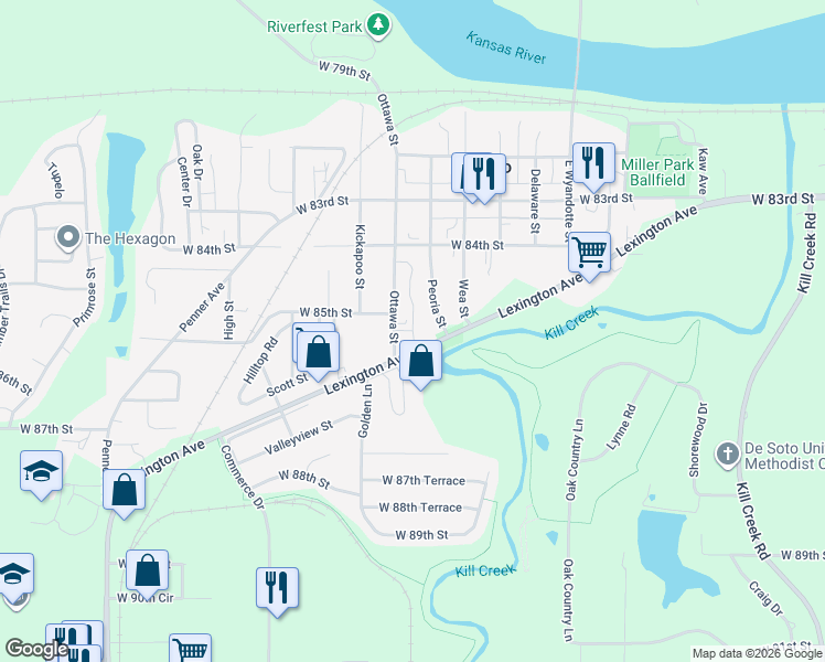 map of restaurants, bars, coffee shops, grocery stores, and more near 8515 Ottawa Street in De Soto
