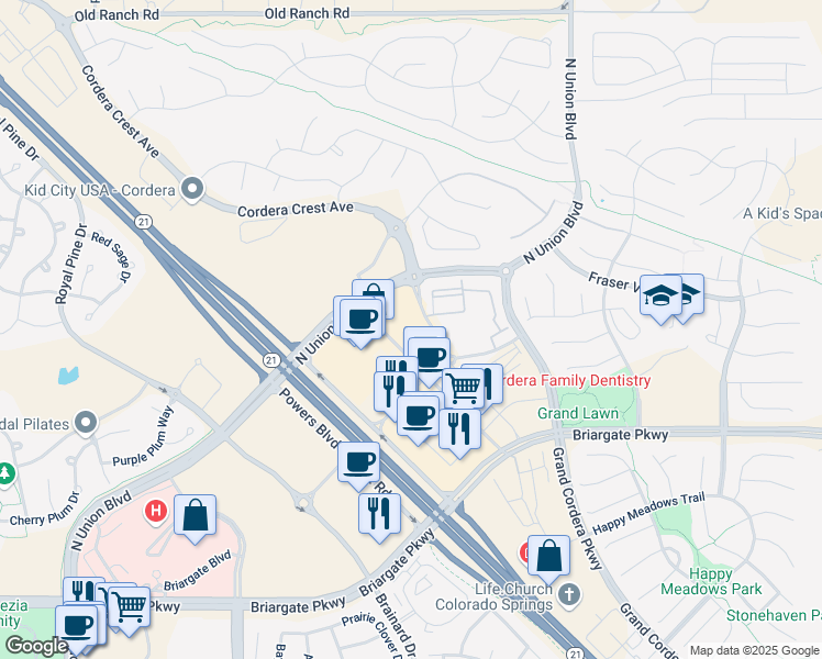 map of restaurants, bars, coffee shops, grocery stores, and more near 4462 Continental Heights in Colorado Springs