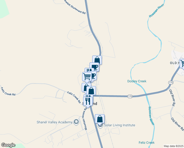 map of restaurants, bars, coffee shops, grocery stores, and more near 13231 U.S. 101 in Hopland