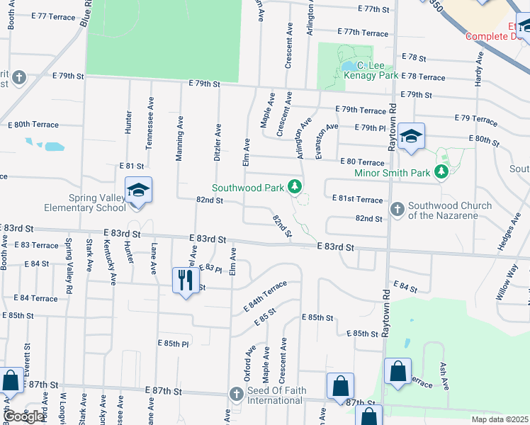map of restaurants, bars, coffee shops, grocery stores, and more near 9304 82nd Street in Raytown