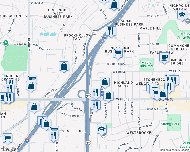 map of restaurants, bars, coffee shops, grocery stores, and more near 10950 West 86th Street in Lenexa