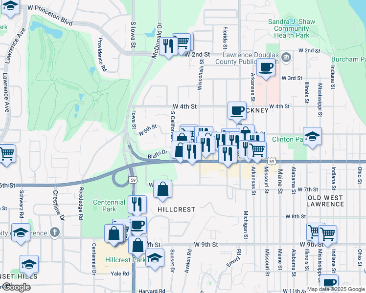 map of restaurants, bars, coffee shops, grocery stores, and more near 501 Colorado Street in Lawrence