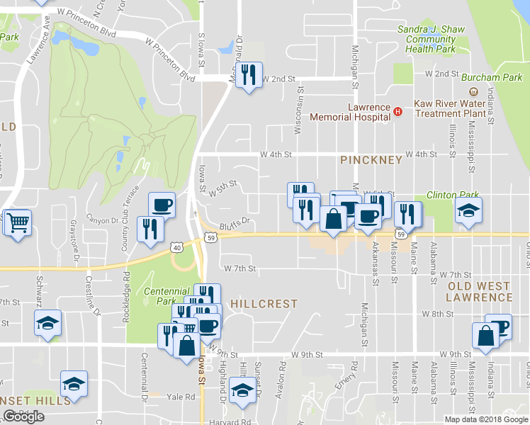 map of restaurants, bars, coffee shops, grocery stores, and more near 501 Colorado Street in Lawrence