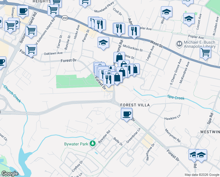 map of restaurants, bars, coffee shops, grocery stores, and more near 1900 Fairfax Road in Annapolis