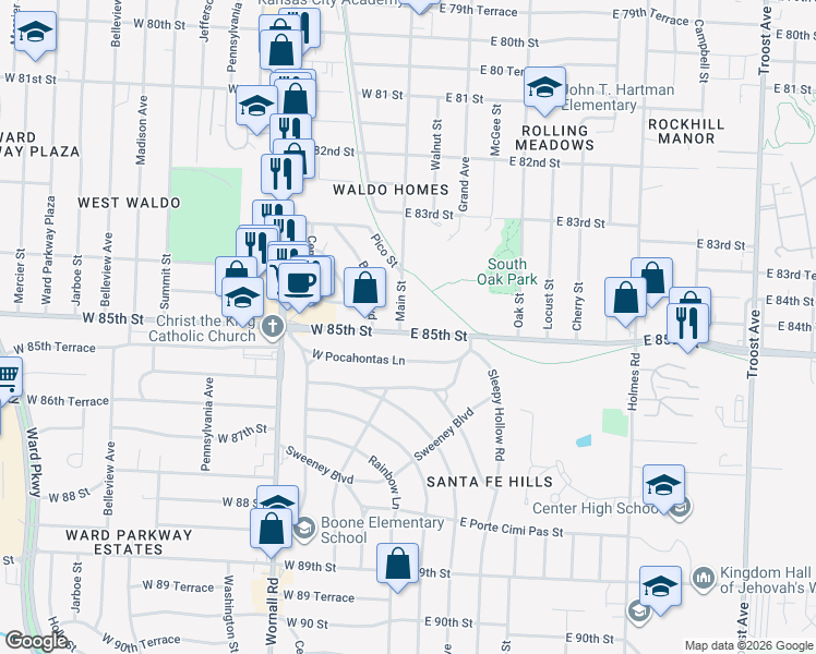 map of restaurants, bars, coffee shops, grocery stores, and more near 8447 Main Street in Kansas City