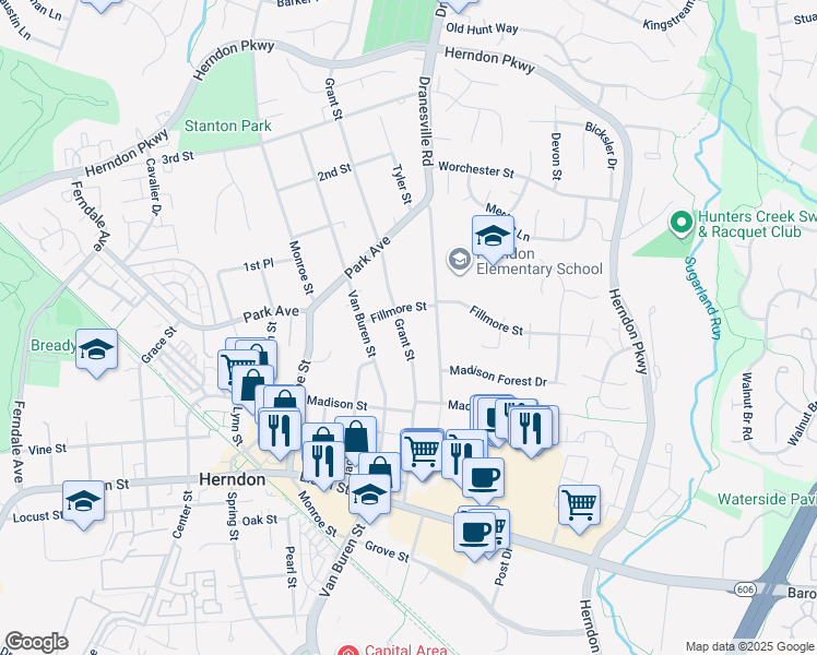 map of restaurants, bars, coffee shops, grocery stores, and more near 820 Grant Street in Herndon