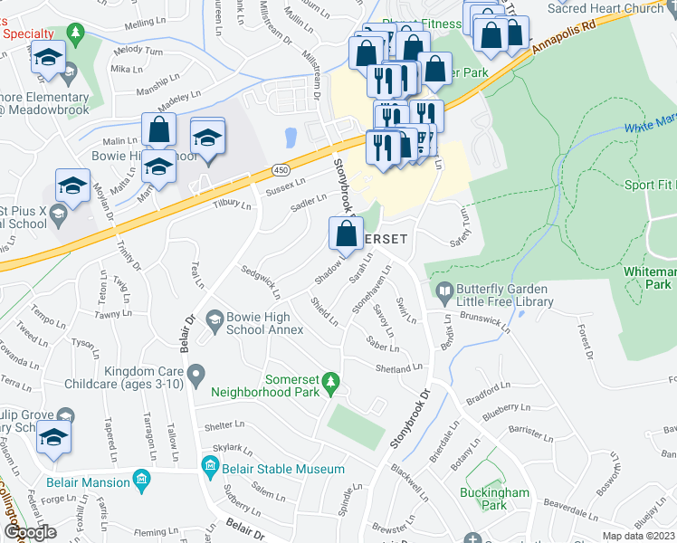 map of restaurants, bars, coffee shops, grocery stores, and more near 12421 Shadow Lane in Bowie