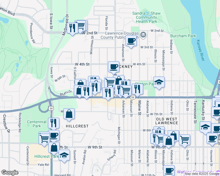 map of restaurants, bars, coffee shops, grocery stores, and more near 525 Michigan Street in Lawrence