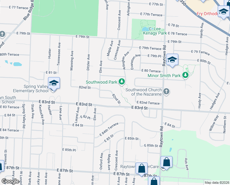 map of restaurants, bars, coffee shops, grocery stores, and more near 9404 82nd Street in Raytown