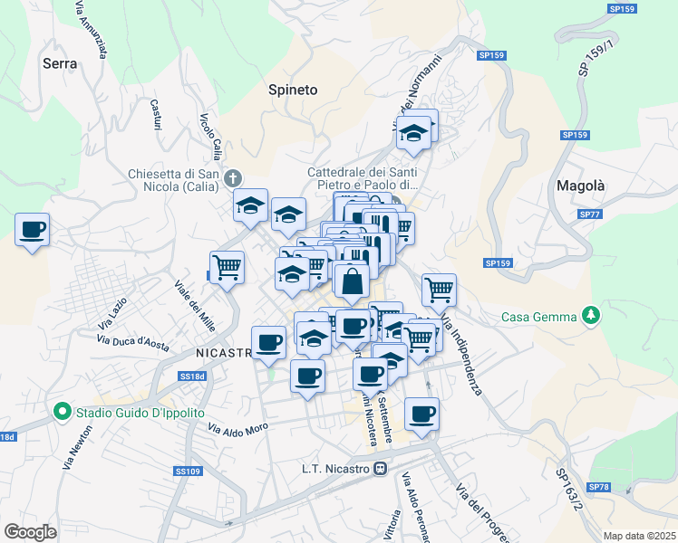 map of restaurants, bars, coffee shops, grocery stores, and more near 89 Corso Numistrano in Lamezia Terme