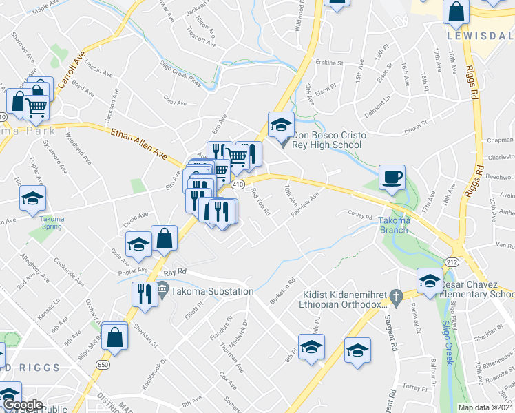 map of restaurants, bars, coffee shops, grocery stores, and more near 6812 Red Top Road in Takoma Park