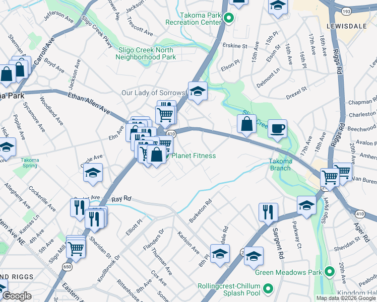 map of restaurants, bars, coffee shops, grocery stores, and more near 6815 Red Top Road in Takoma Park