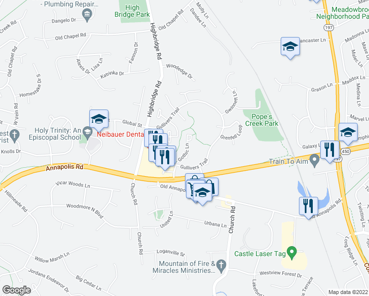 map of restaurants, bars, coffee shops, grocery stores, and more near 6202 Gothic Lane in Bowie