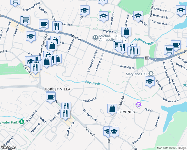 map of restaurants, bars, coffee shops, grocery stores, and more near 214 McKendree Avenue in Annapolis