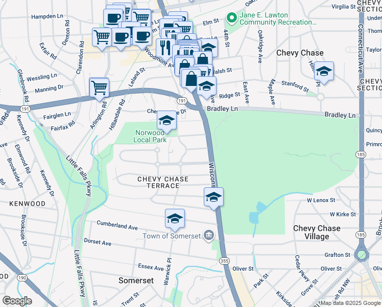 map of restaurants, bars, coffee shops, grocery stores, and more near 4610 Davidson Drive in Chevy Chase