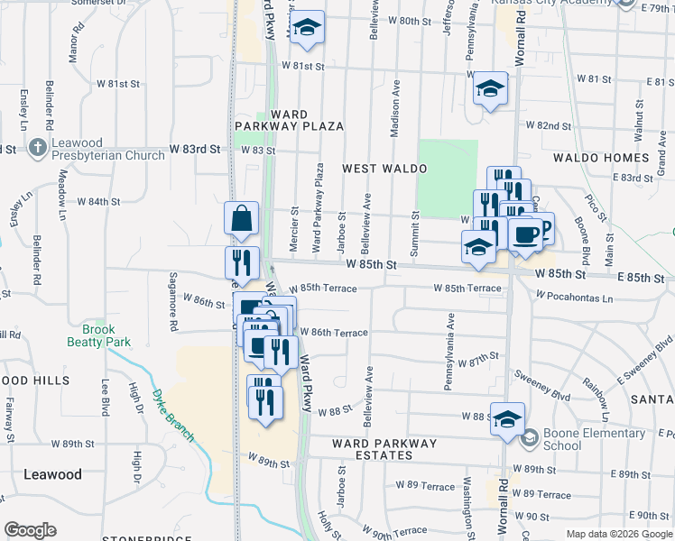 map of restaurants, bars, coffee shops, grocery stores, and more near 1101 West 85th Street in Kansas City