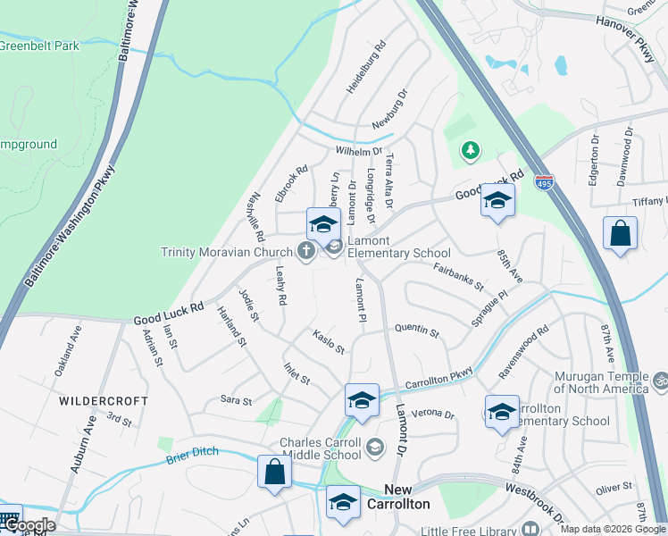 map of restaurants, bars, coffee shops, grocery stores, and more near 7101 Good Luck Road in New Carrollton