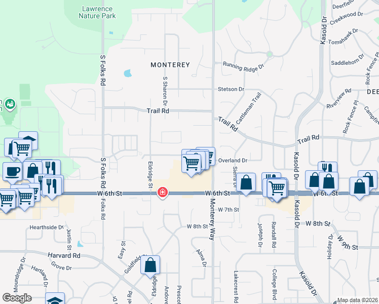 map of restaurants, bars, coffee shops, grocery stores, and more near 3928 Overland Drive in Lawrence