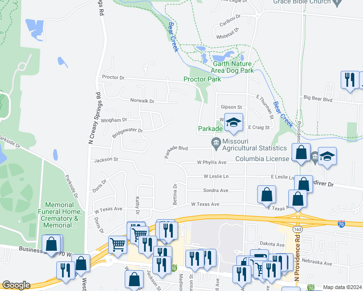 map of restaurants, bars, coffee shops, grocery stores, and more near 417 Parkade Boulevard in Columbia