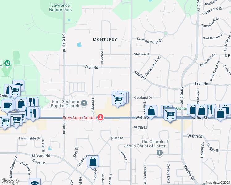 map of restaurants, bars, coffee shops, grocery stores, and more near 3932 Overland Drive in Lawrence