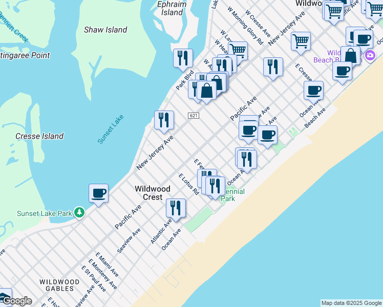 map of restaurants, bars, coffee shops, grocery stores, and more near 125 East Fern Road in Wildwood Crest