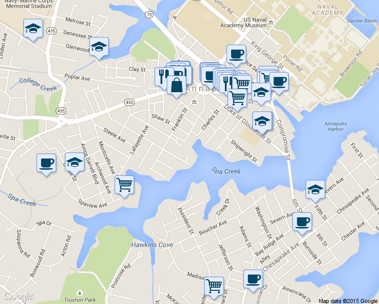 map of restaurants, bars, coffee shops, grocery stores, and more near 9 Southgate Court in Annapolis