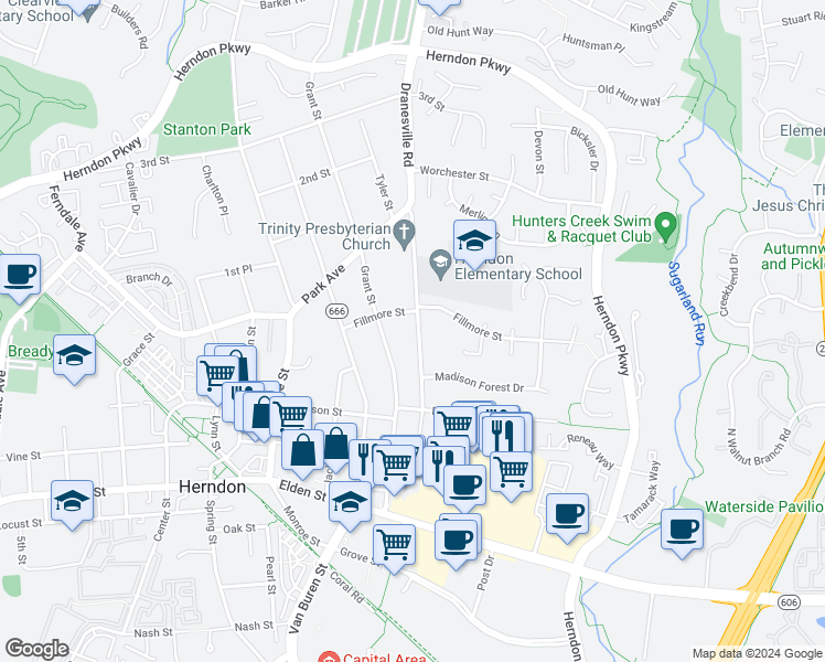 map of restaurants, bars, coffee shops, grocery stores, and more near 521 Dranesville Road in Herndon
