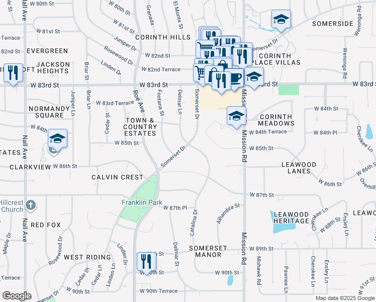 map of restaurants, bars, coffee shops, grocery stores, and more near 4301 Somerset Drive in Prairie Village
