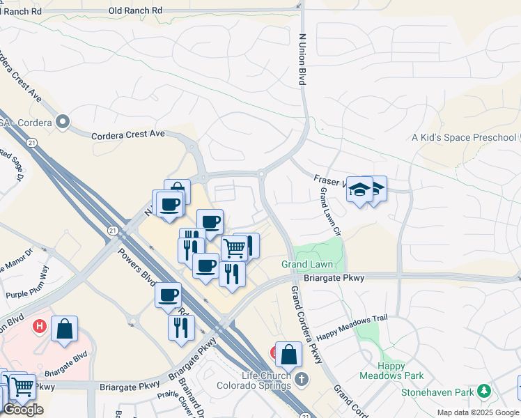 map of restaurants, bars, coffee shops, grocery stores, and more near 4784 Grand Cordera Parkway in Colorado Springs