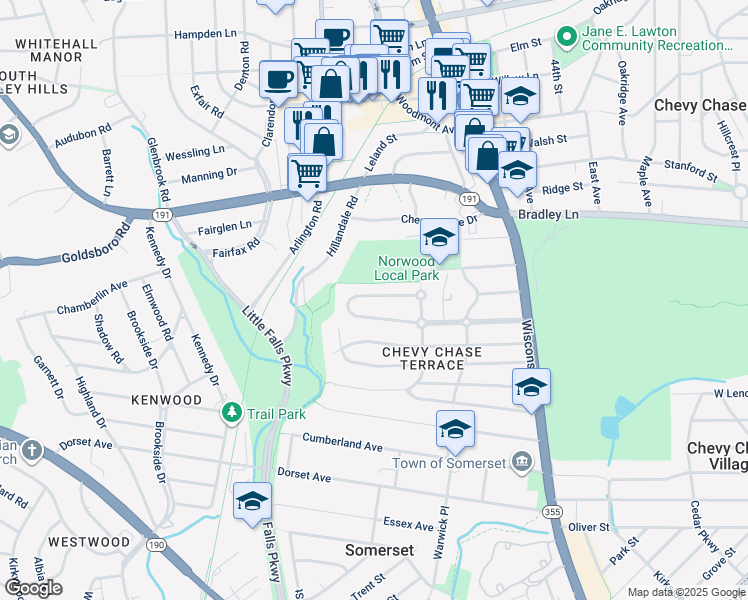 map of restaurants, bars, coffee shops, grocery stores, and more near 4919 Chevy Chase Boulevard in Chevy Chase