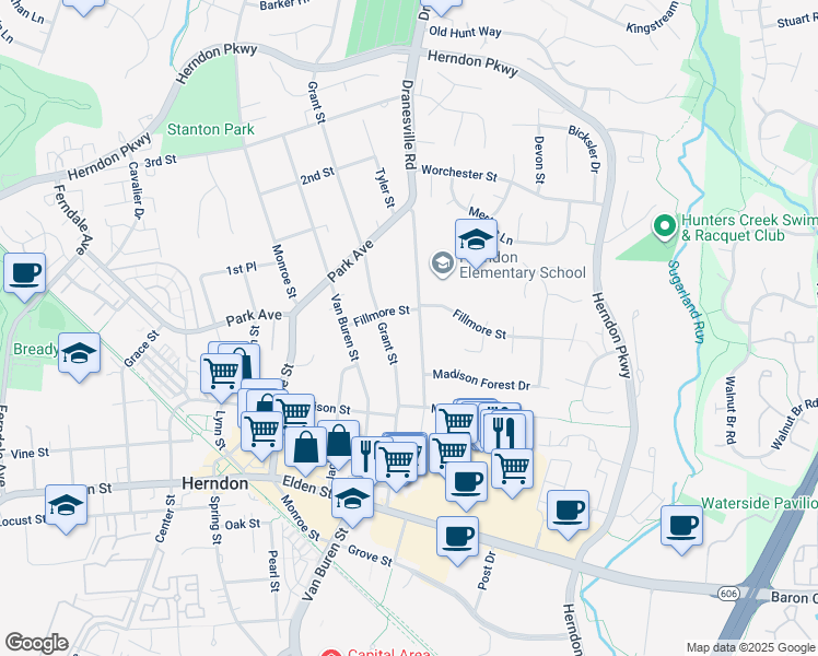 map of restaurants, bars, coffee shops, grocery stores, and more near 521 Dranesville Road in Herndon