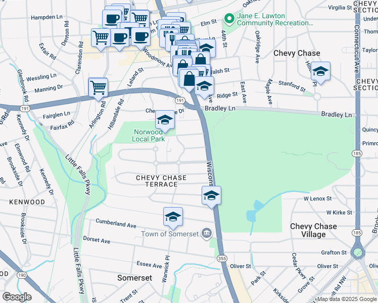 map of restaurants, bars, coffee shops, grocery stores, and more near 4610 Davidson Drive in Chevy Chase