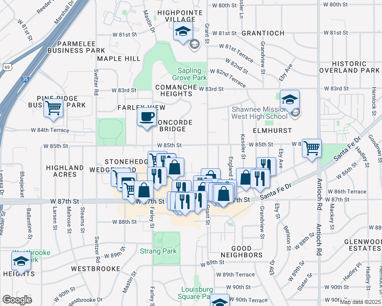 map of restaurants, bars, coffee shops, grocery stores, and more near 9551 West 85th Street in Overland Park