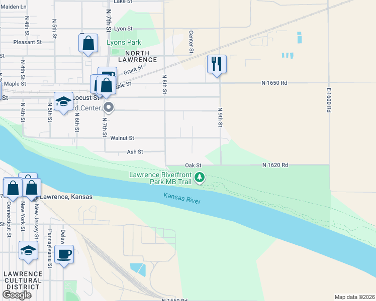 map of restaurants, bars, coffee shops, grocery stores, and more near 167 Comfort Ct in Lawrence