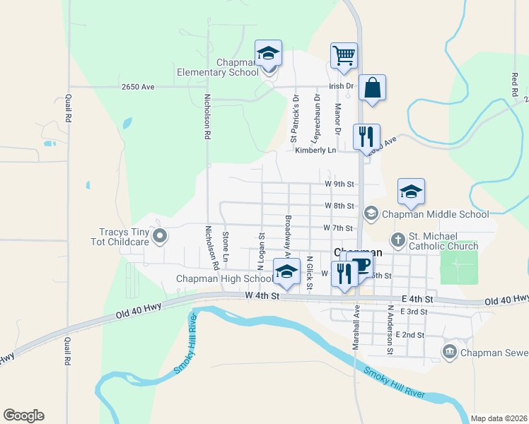 map of restaurants, bars, coffee shops, grocery stores, and more near 505 West 8th Street in Chapman