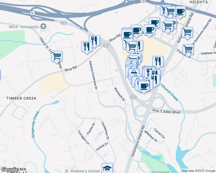 map of restaurants, bars, coffee shops, grocery stores, and more near 179 Admiral Cochrane Drive in Annapolis