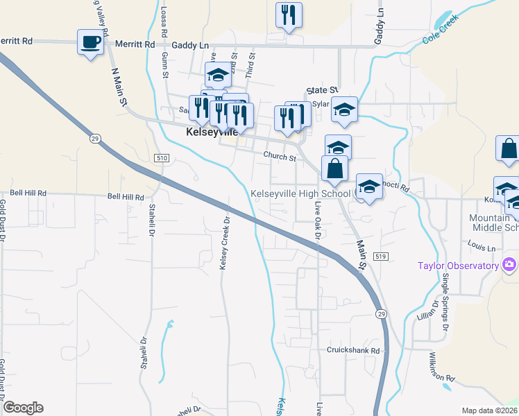 map of restaurants, bars, coffee shops, grocery stores, and more near 5445 5th Street in Kelseyville
