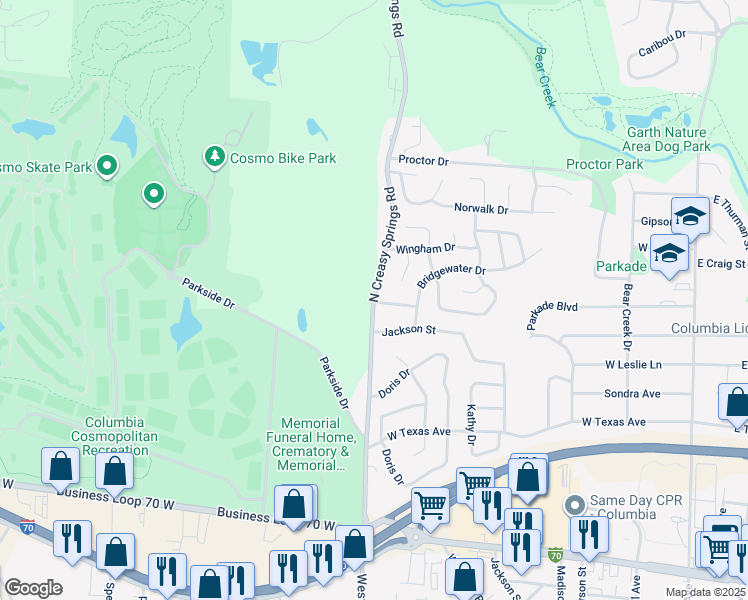 map of restaurants, bars, coffee shops, grocery stores, and more near 911 Remington Drive in Columbia