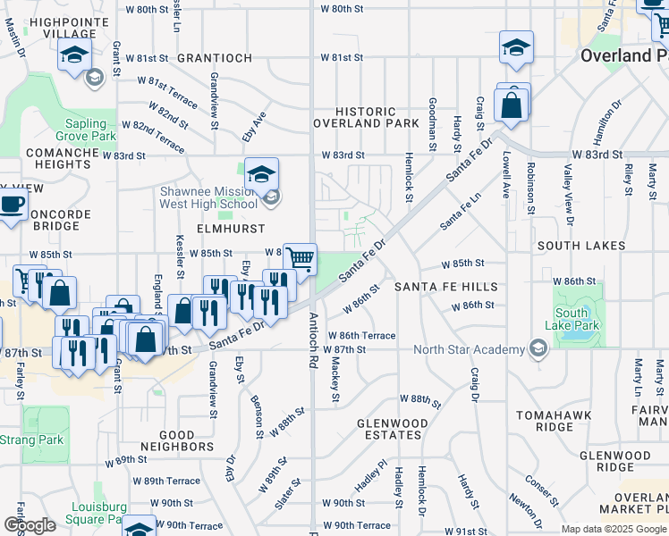 map of restaurants, bars, coffee shops, grocery stores, and more near in Overland Park